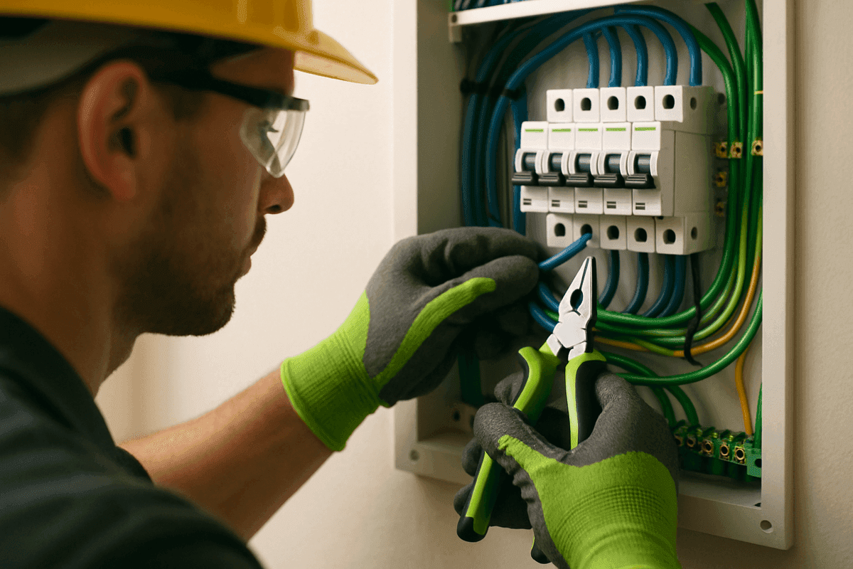 Close-up of electrician’s gloved hands wiring a modern residential electrical panel