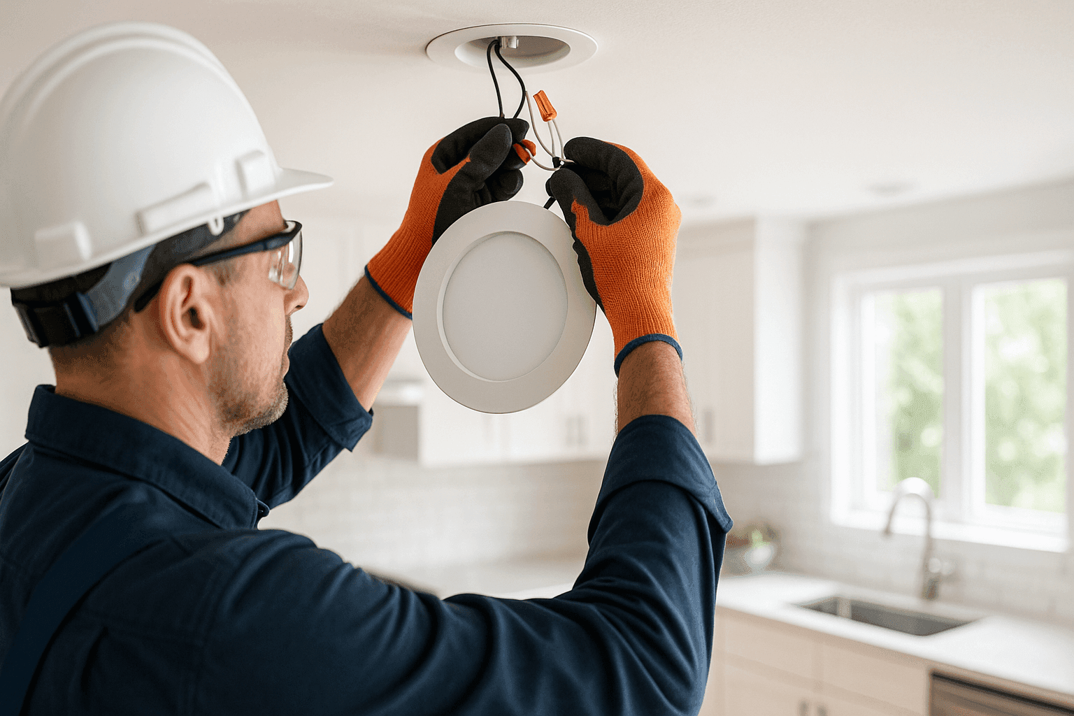 Electrician upgrading home lighting fixtures to energy-efficient LEDs