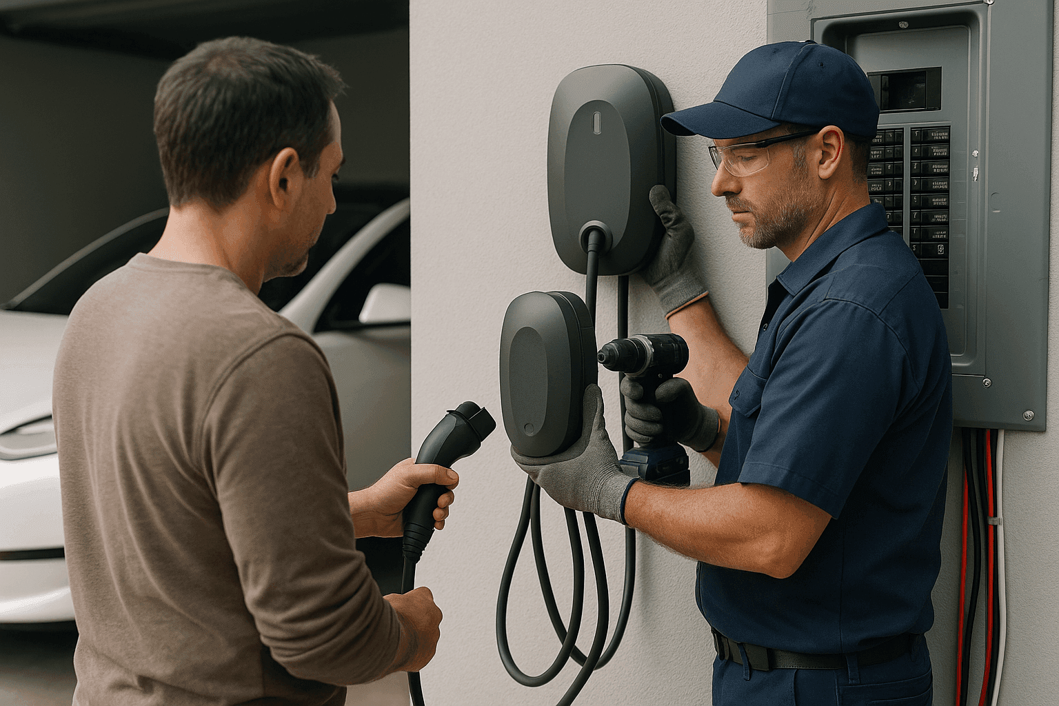 Electrician installing an EV charger in a residential garage