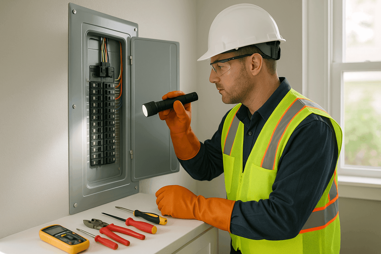 Electrician inspecting a residential electrical panel with safety gloves